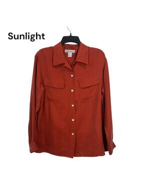 Dressbarn Womens Rust Orange Button-Down Long Sleeve Shirt Blouse SZ M 100% Silk